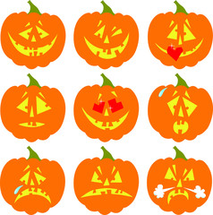 Vector set with halloween pumpkins with differen emotions. Smiling, scary, kissing, surprised. 