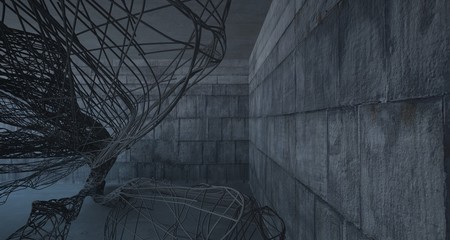 Empty dark abstract concrete smooth architectural interior of chaotic lines. 3D illustration and rendering