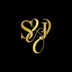 Initial letter S & J SJ luxury art vector mark logo, gold color on black background.