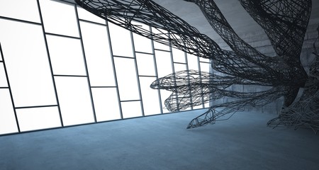 Empty dark abstract concrete smooth architectural interior of chaotic lines. 3D illustration and rendering