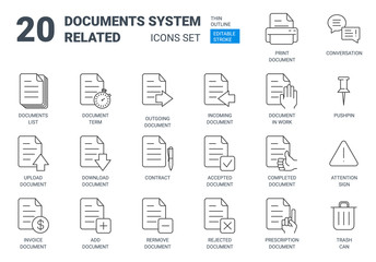 Documents management system icons set with outline style