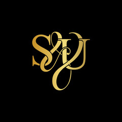 Initial letter S & U SU luxury art vector mark logo, gold color on black background.