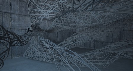 Empty dark abstract concrete smooth architectural interior of chaotic lines. 3D illustration and rendering