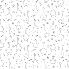 Cute Goose Seamless Pattern, Cartoon Hand Drawn Goose Doodles Vector Background Illustration