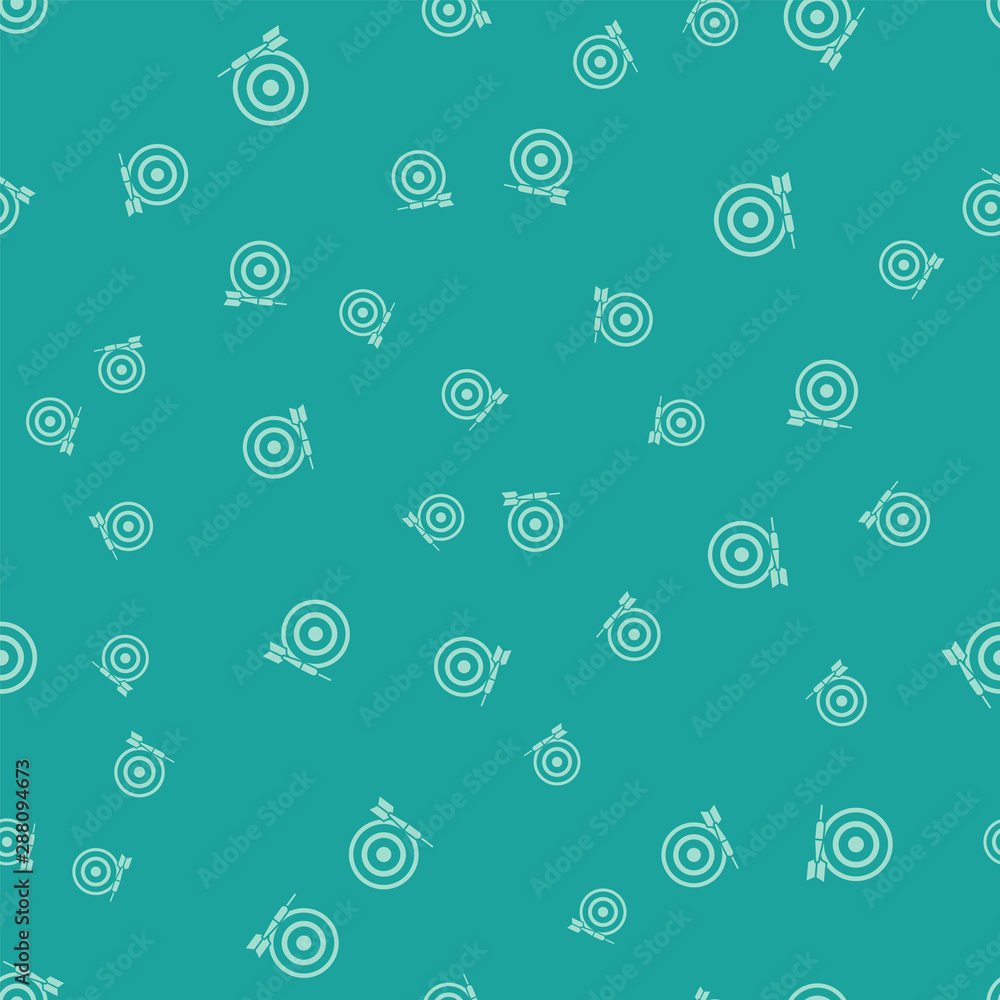 Poster green classic dart board and arrow icon isolated seamless pattern on green background. dartboard sig