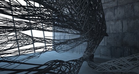 Empty dark abstract concrete smooth architectural interior of chaotic lines. 3D illustration and rendering