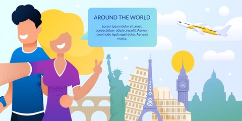 Around World, Travel Blog. Banner, Landing Page. Website Online Journey. Smiling Young Guy and Girl Take Selfie, Filming Video, Famous World Landmarks, Flight Aircraft. Vector Illustration