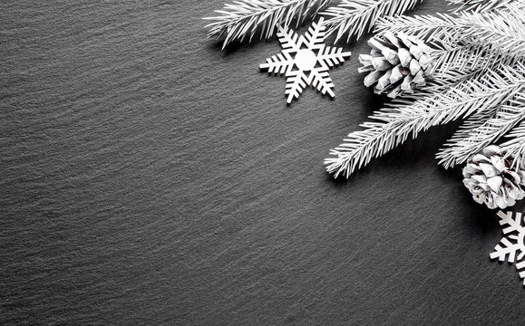 Christmas White Fir Tree Branches And Cones On Black Textured Background