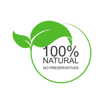 Text: 100 percent natural. No preservatives. Flat logo on white background. Isolated. 