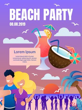 Vector Flyer Summer Beach Party Landing Web Page. Website, Banner, Poster, Illustration Dance Beach Party. Guy and Girl Taking Selfie Background Dancing People, Coconut, Cocktail, Sunset, Malma