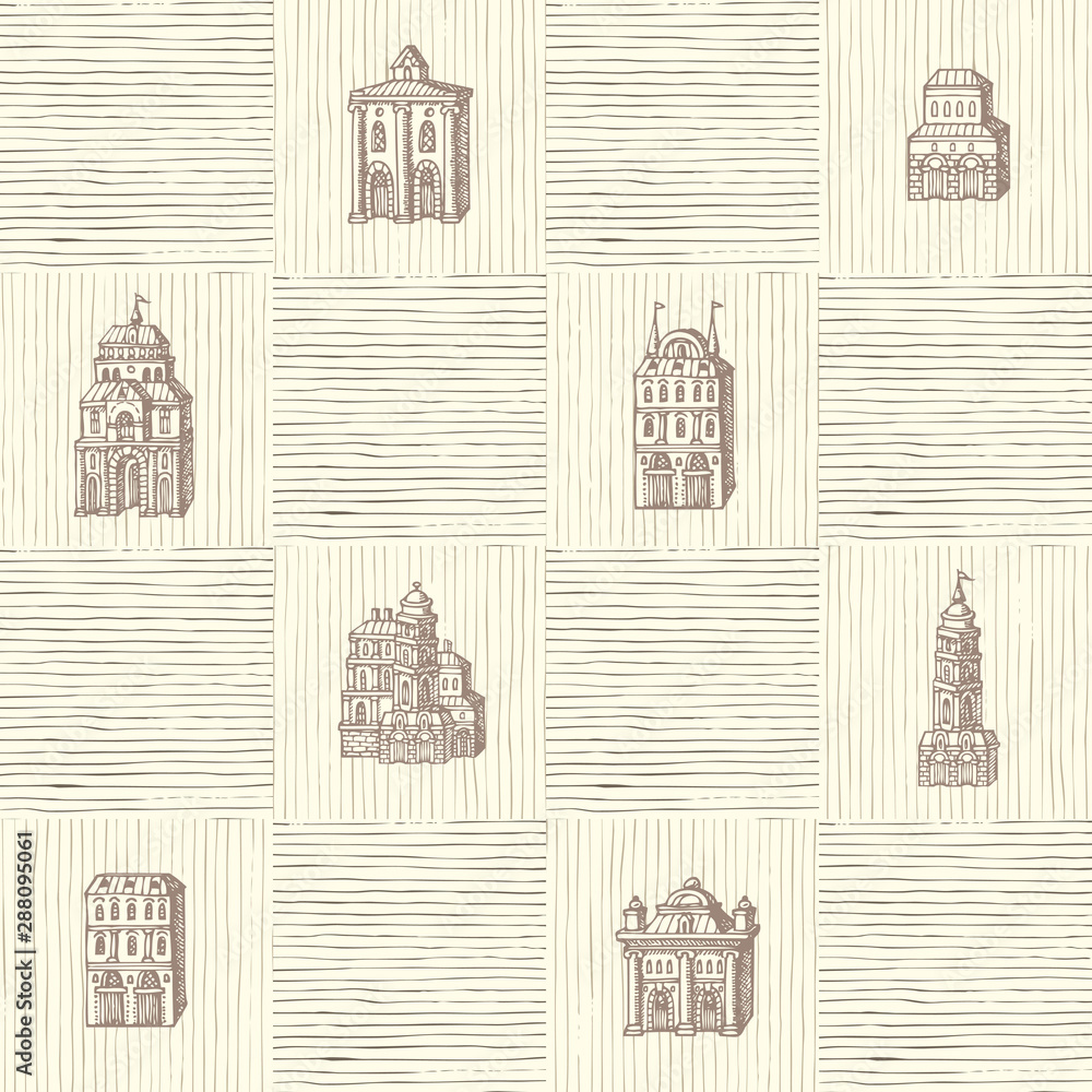 Poster vector seamless pattern with old hand drawn houses in retro style. repeatable background with old st