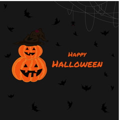 Happy Halloween Banner with Halloween text on a black background with the presence of pumpkins and bats. Website spooky or banner template.Vector illustration.