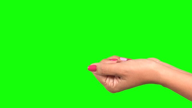 Closeup view of white female hand making open palm gesture happily and cheerfully. Side view of opened empty hand holding nothing isolated on green screen background. Real time 4k video footage.