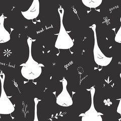 Cute Goose Seamless Pattern, Cartoon Hand Drawn Goose Doodles Vector Background Illustration