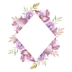 Hand drawn frame of purple flowers and leaves. Tender watercolor floral wreath. Blooming flowers and branches ideal for wedding invitations, cards and posters.