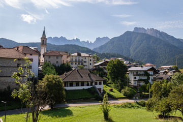 Beautiful Romantic Hight Mountain village in dolomite Alps in Italy during a sunny morning 2019