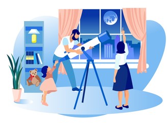 Happy Family Engage Astronomy Science, Telescope
