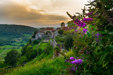 Chateau Chalon un seine Weinberge im Franche Comté in Frankreich