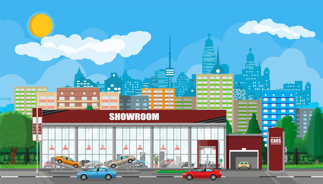 Exhibition pavilion, showroom or dealership. Car showroom building. Car center or store. Auto service and shop. Cityscape, road, house, tree, sky, cloud and sky. Vector illustration in flat style