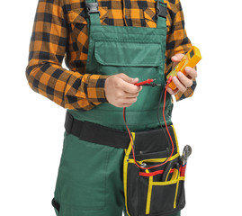 Male electrician on white background