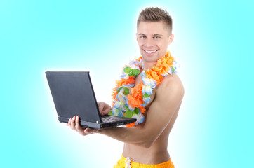 Vacation and young attractive with a laptop.