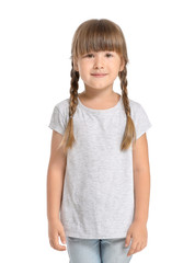 Little girl in stylish t-shirt on white background