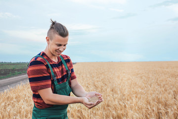 Male farmer with heap of wheat grains in field