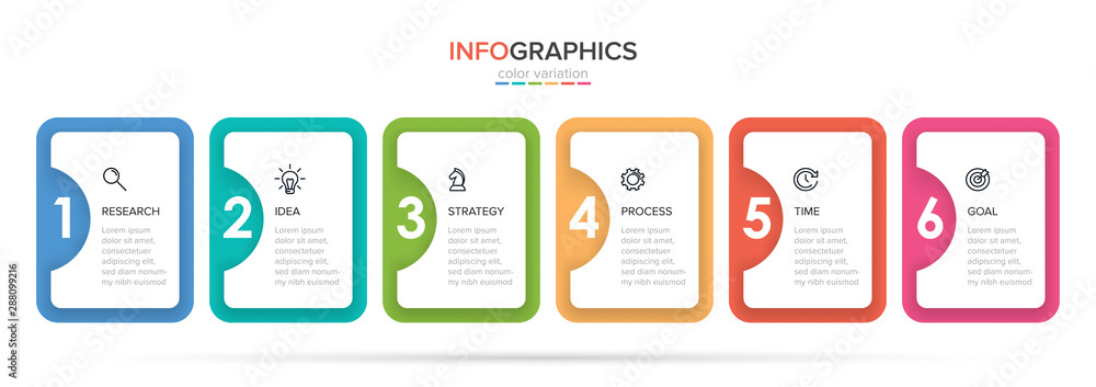 Poster concept of arrow business model with 6 successive steps. five colorful rectangular elements. timelin