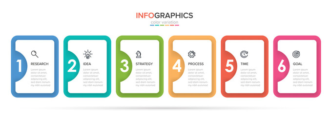 Concept of arrow business model with 6 successive steps. Five colorful rectangular elements. Timeline design for brochure, presentation. Infographic design layout.