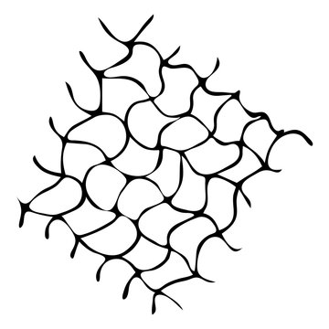 Deformed, warped, distorted hand drawn lattice, fishing net, trellis, grating texture, pattern. Black and white vector background. Crossing wavy diagonal doodle