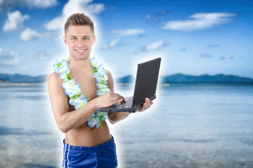 Vacation and young attractive with a laptop.