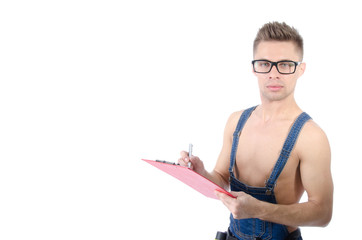 Young attractive handyman with tools.