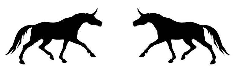 Fototapeta na wymiar isolated image of the figure, the black silhouettes of two running unicorns on a white background