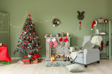 Interior of beautiful room decorated for Christmas
