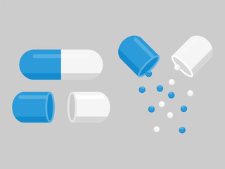Group of Medicine white blue pills, pharmacy, tablet, capsule, hospital set of drugs with labels. Medication, pharmaceutics medical healthcare concept. Vector illustration