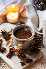 Christmas party rustic decor: grey metal mug with hot chocolate served on wooden board. Candle and delicate lamp, cones, anise stars and cinnamon sticks as decor. Cozy home atmosphere, family time