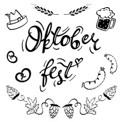 Beer with different snacks. Oktoberfest holiday, handwritten lettering with set of vector illustrations isolated on the white background. Traditional German festival. Poster with food and drinks.