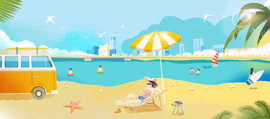 Holiday, leisure, summer, summer, summer, hot, hot summer, beach, beach, seashore, sunbathing, sunshine, bikini, starfish, bus, seagull, sunshade, travel, holiday, solar season, beach, surfing, island