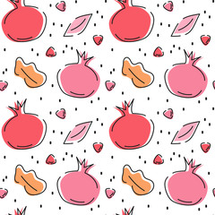 Rosh Hashanah Jewish New Year holiday seamless vector pattern background illustration with pomegranate, leaves and abstract elements