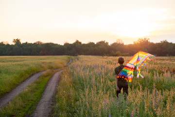 A child plays with a kite at sunset in the field.