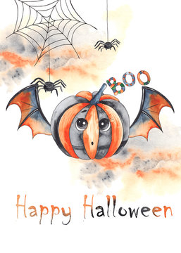 Watercolor autumn pre-made cards for children's Halloween party with pumpkins, hats, owl, bat, Lollipop, Ghost