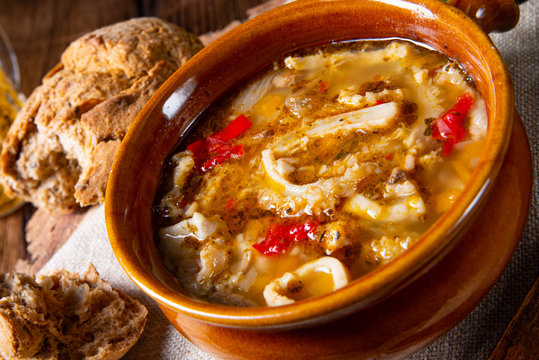 Spicy tripe soup with red paprika.