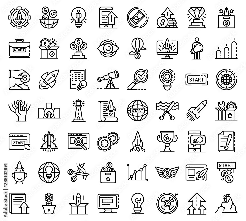 Poster startup icons set. outline set of startup vector icons for web design isolated on white background