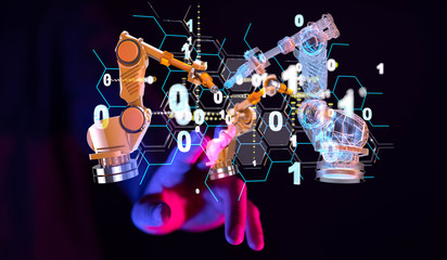 Industry 4.0 concept -  Robot arm in smart factory background.