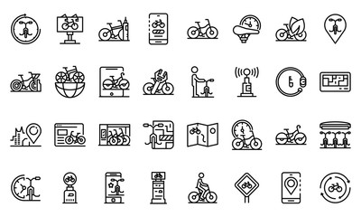 Rent a bike icons set. Outline set of rent a bike vector icons for web design isolated on white background