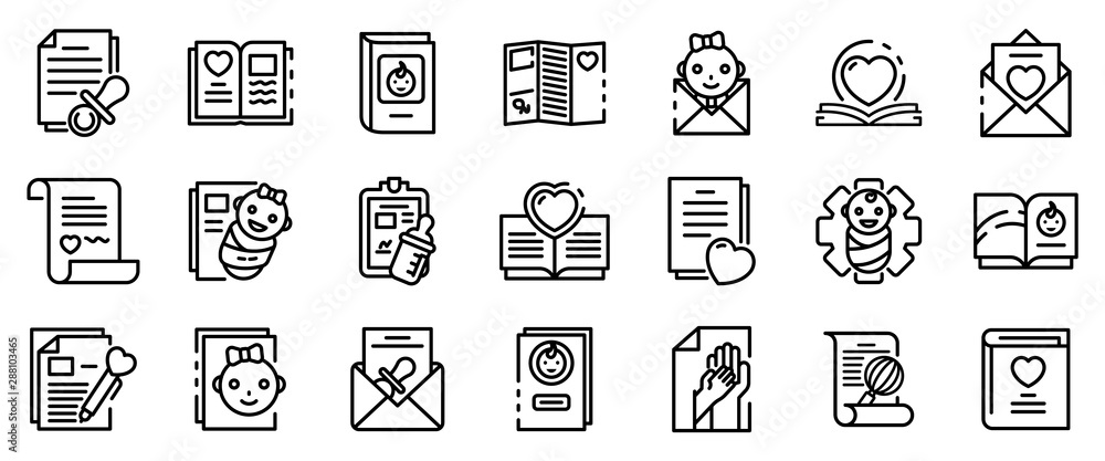 Poster certificate of birth icons set. outline set of certificate of birth vector icons for web design isol