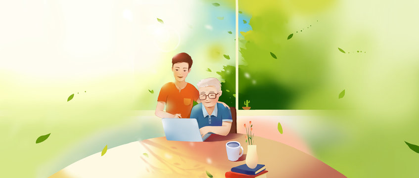 Father's Day, warmth, company, grandpa, dad, laptop, leisure, pension, nursing home, filial piety, Chongyang Festival, Internet, respect for the elderly, illustrations,