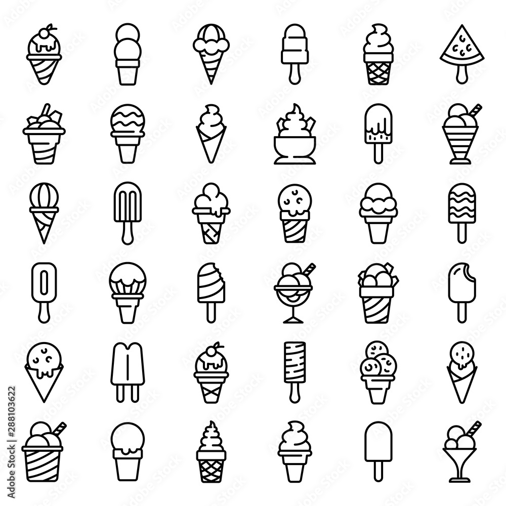 Poster ice cream icons set. outline set of ice cream vector icons for web design isolated on white backgrou