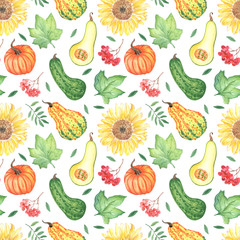 watercolor seamless pattern on autumn theme with pumpkins