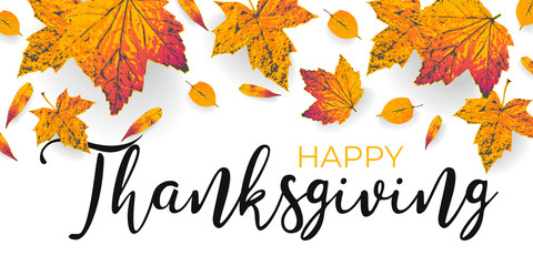 Golden autumn leaves border. Happy Thanksgiving banner, poster, sale flyer. Fall maple orange and yellow leaf element on white background. Thanks giving frame design. Vector illustration